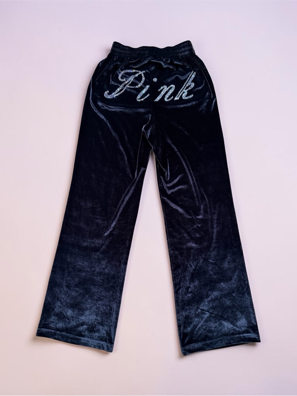 PINK Victoria’s Secret Velour Rhinestone Wide Leg Flowy Pants Y2K Style Black XS